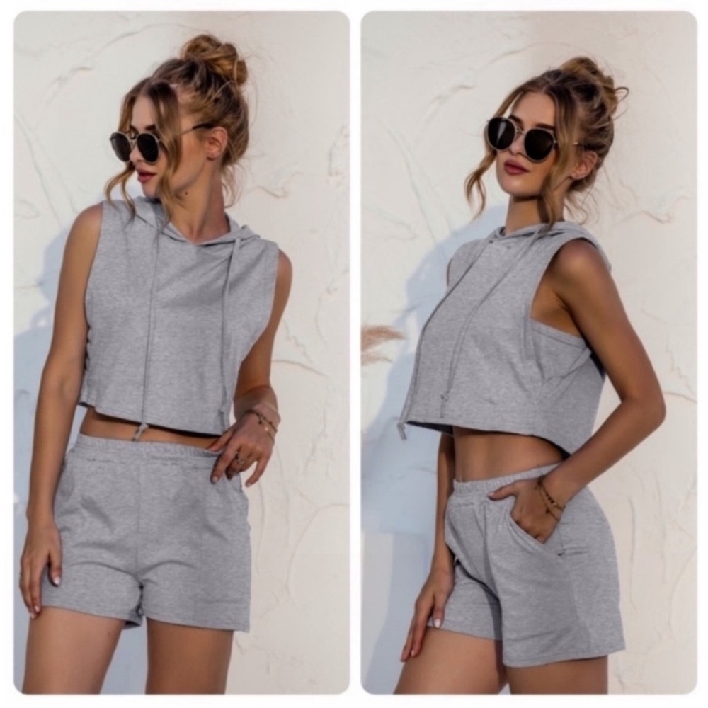 NWOT Blue hooded crop top vest and shorts with pockets workout lounge set - Picture 9 of 11
